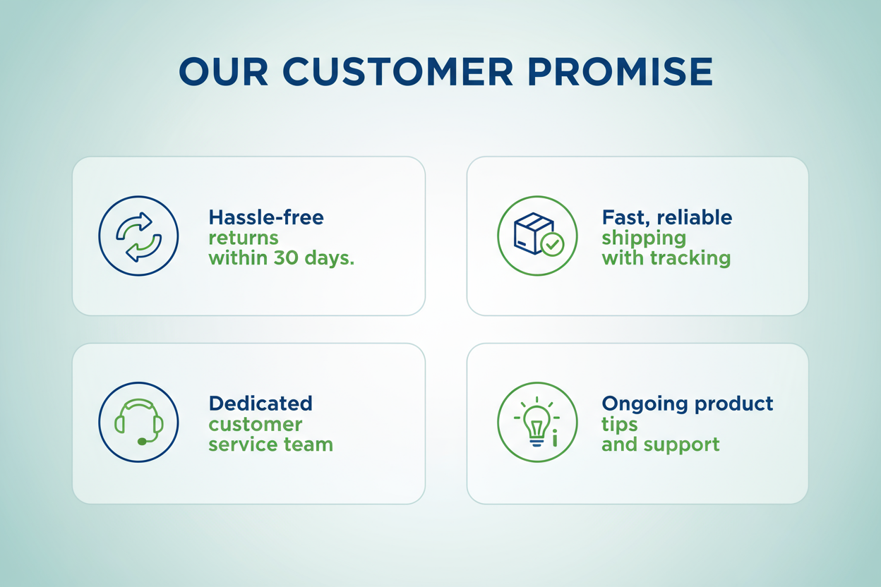 Hassle-free returns within 30 daysFast, reliable shipping with trackingDedicated customer service teamOngoing product tips and support